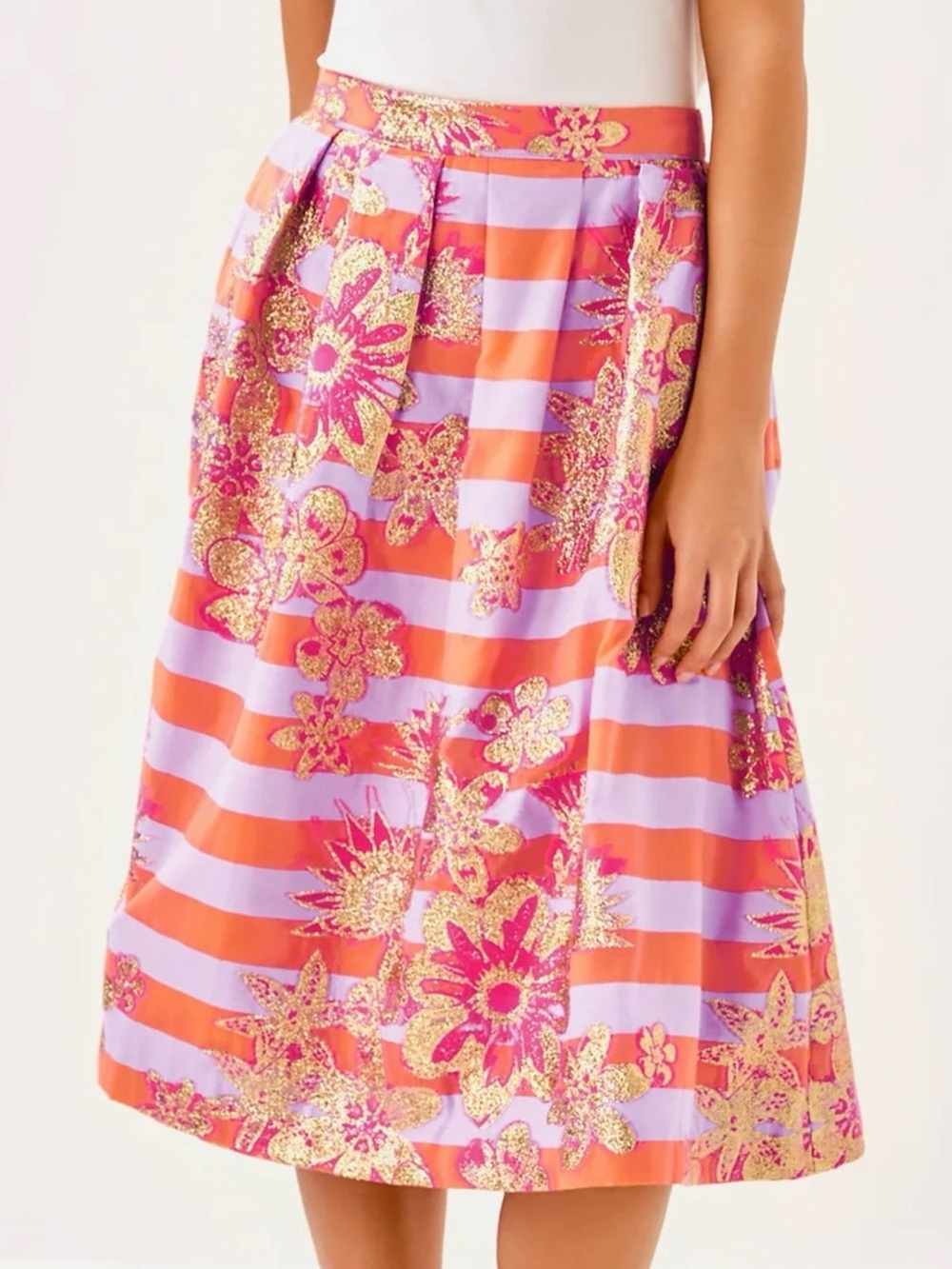 NWT Lilly Pulitzer Lauderdale Midi Skirt "Papaya Metallic Floral Stripe" Size 0